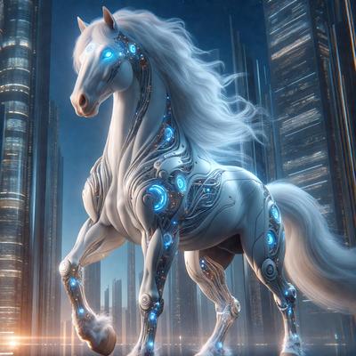 The primary subject of the image is a white horse with blue lights on its body. The horse is standing in front of a futuristic cityscape, which serves as the setting and background of the scene. The visual style of the image is digital art, as it appears to be a computer-generated or digitally rendered image. The colors and mood of the image are predominantly blue and futuristic, creating a sense of technology and innovation.